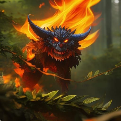 Leaf and Fire Demon in a Fantasy Landscape