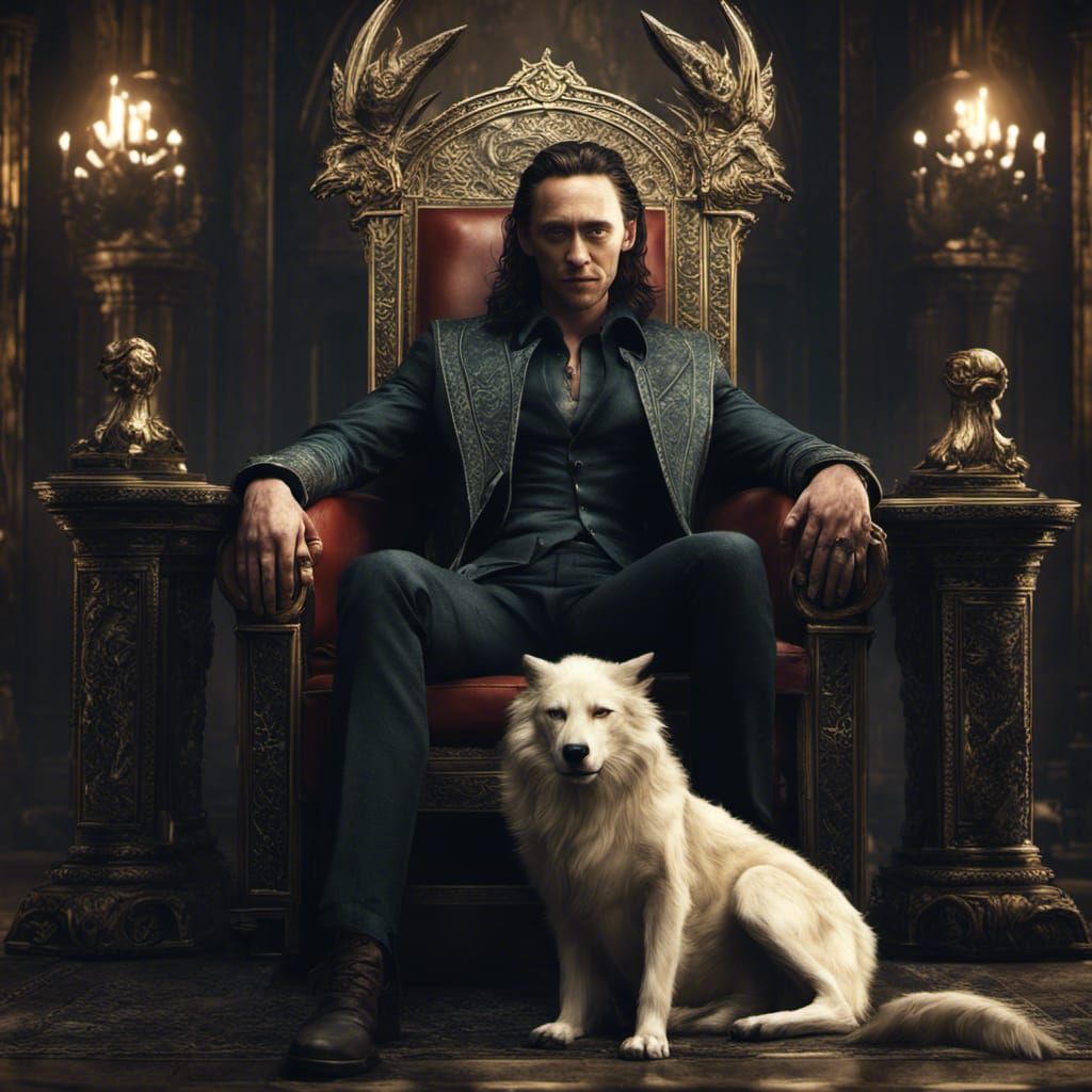 Loki Lounging on Throne with Fenrir: 8k Masterpiece