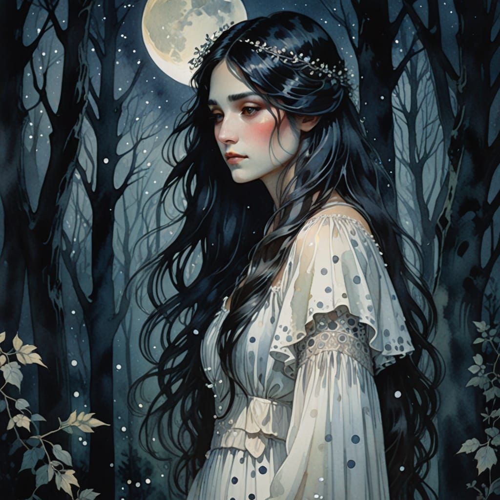 Mysterious Woman in Moonlit Forest: Watercolor Painting