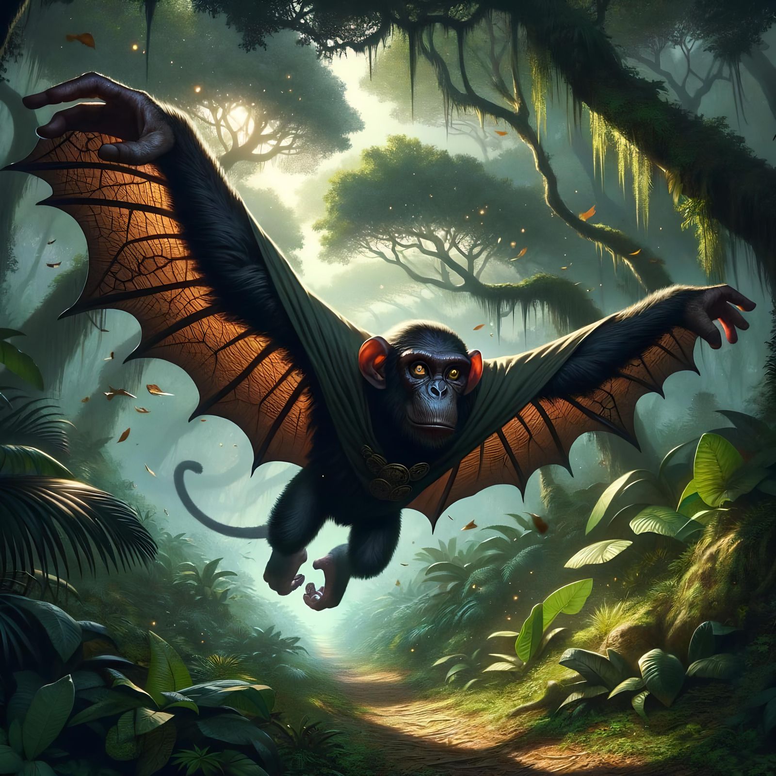 Cloaked Ape Gliding Through Jungle Canopy