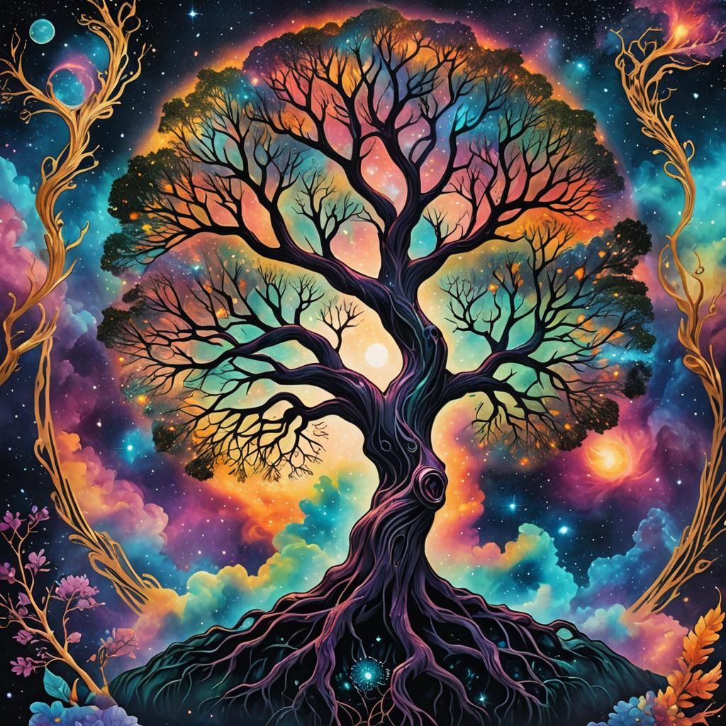 Nebula Tree of Life Tattoo in Holographic Style