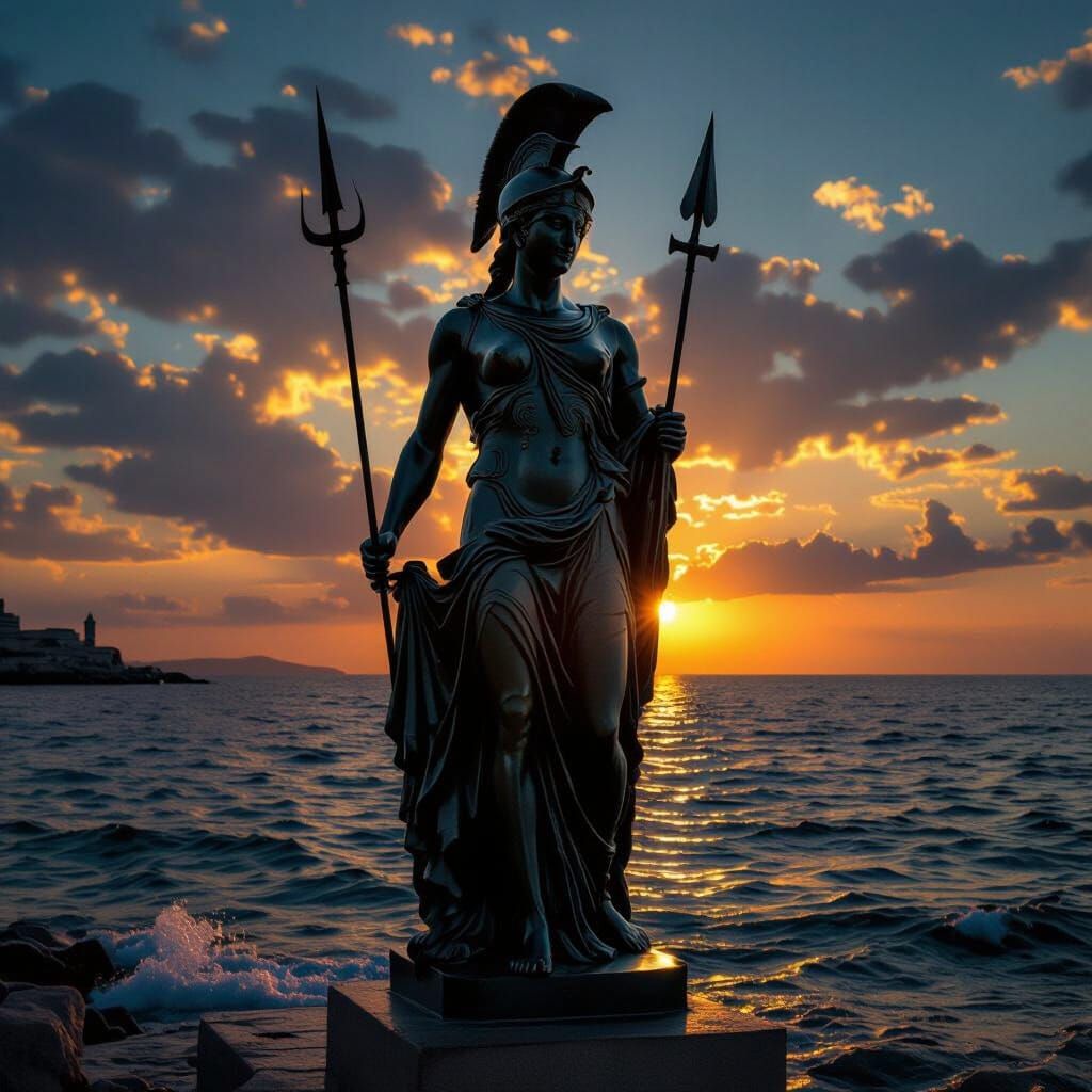 Colossal Greek Statue Guards Harbor at Golden Sunset