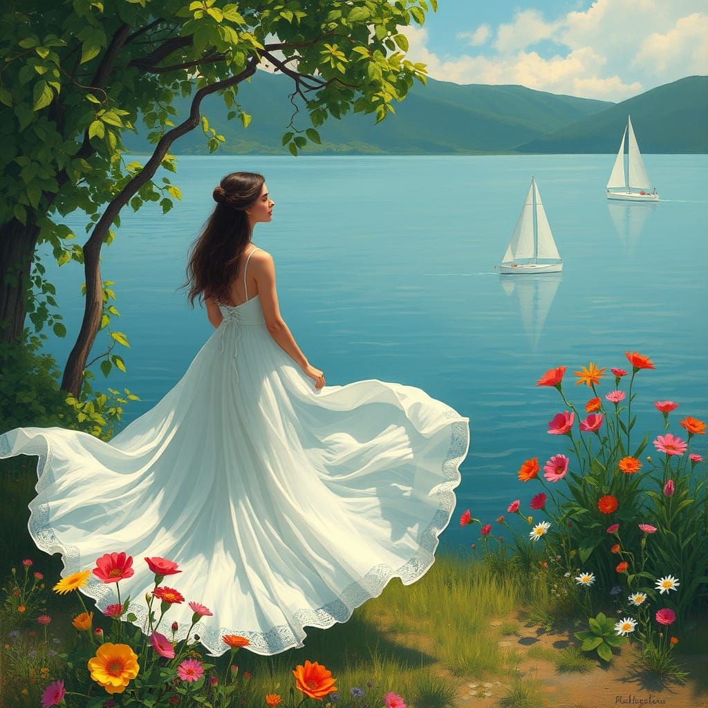 Dreamy Woman in a Serene Lake Scene