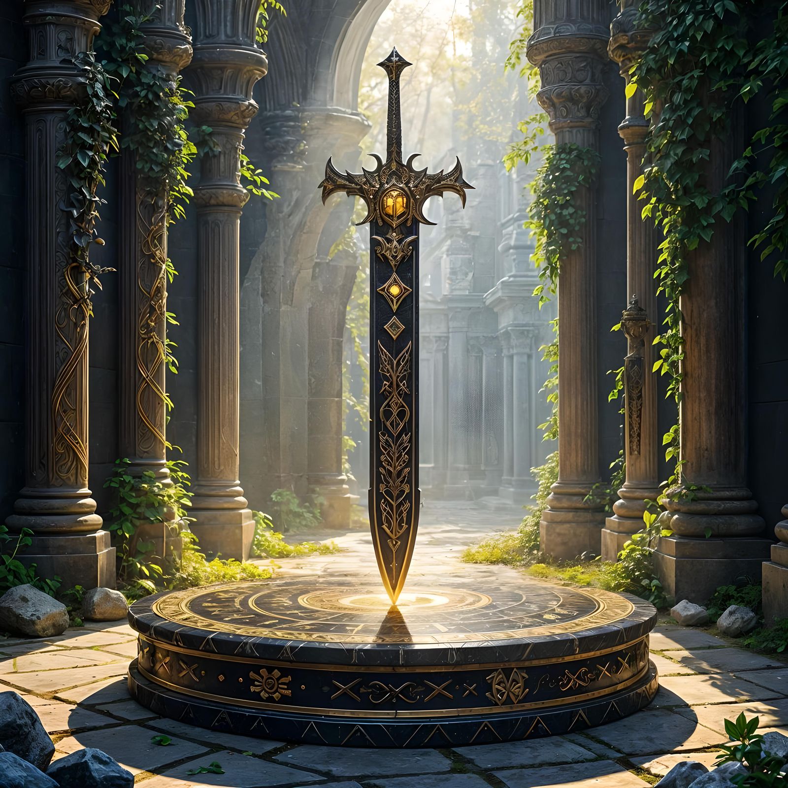Ornate Sword with Glowing Runes on Marble Dais
