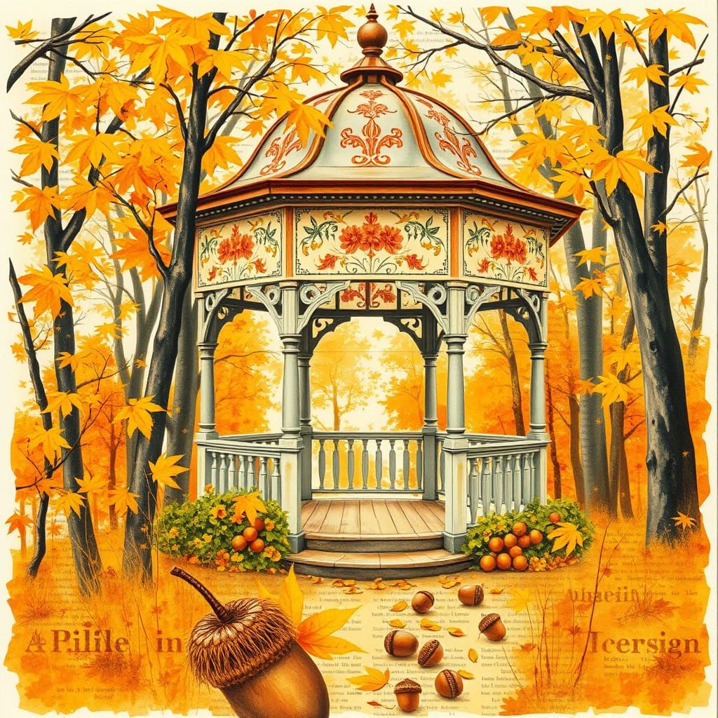Victorian Autumn Forest Gazebo in Watercolor