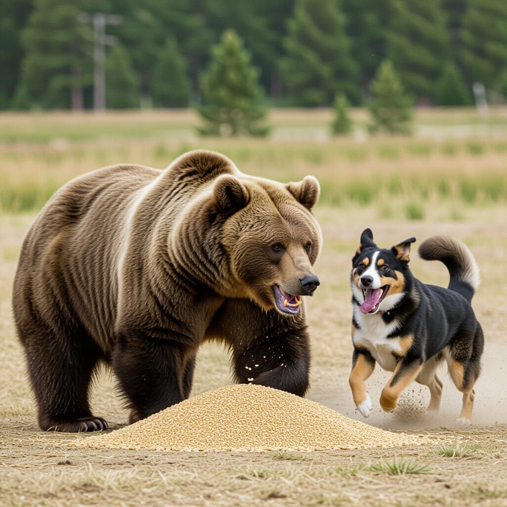 Grizzly Bear Raids Farm, Chased by Dogs