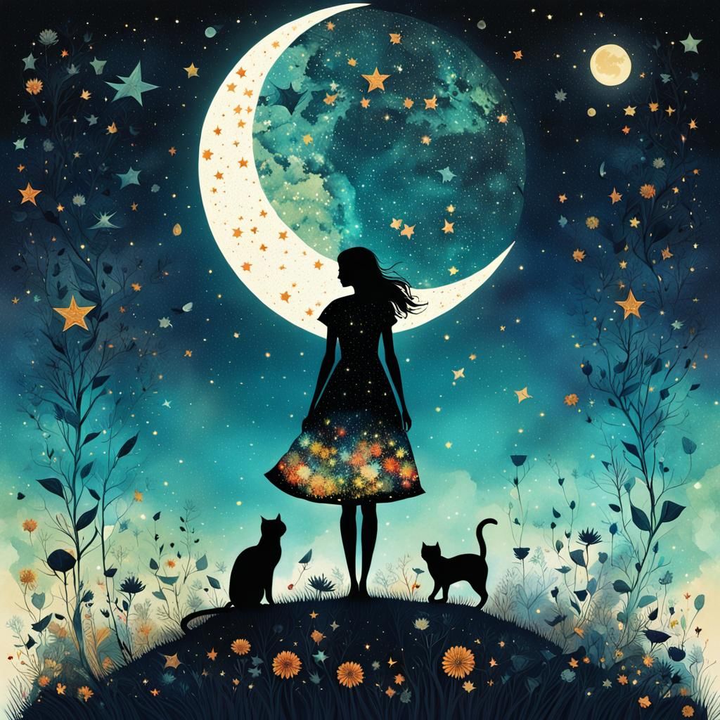 a girl, cats and moon