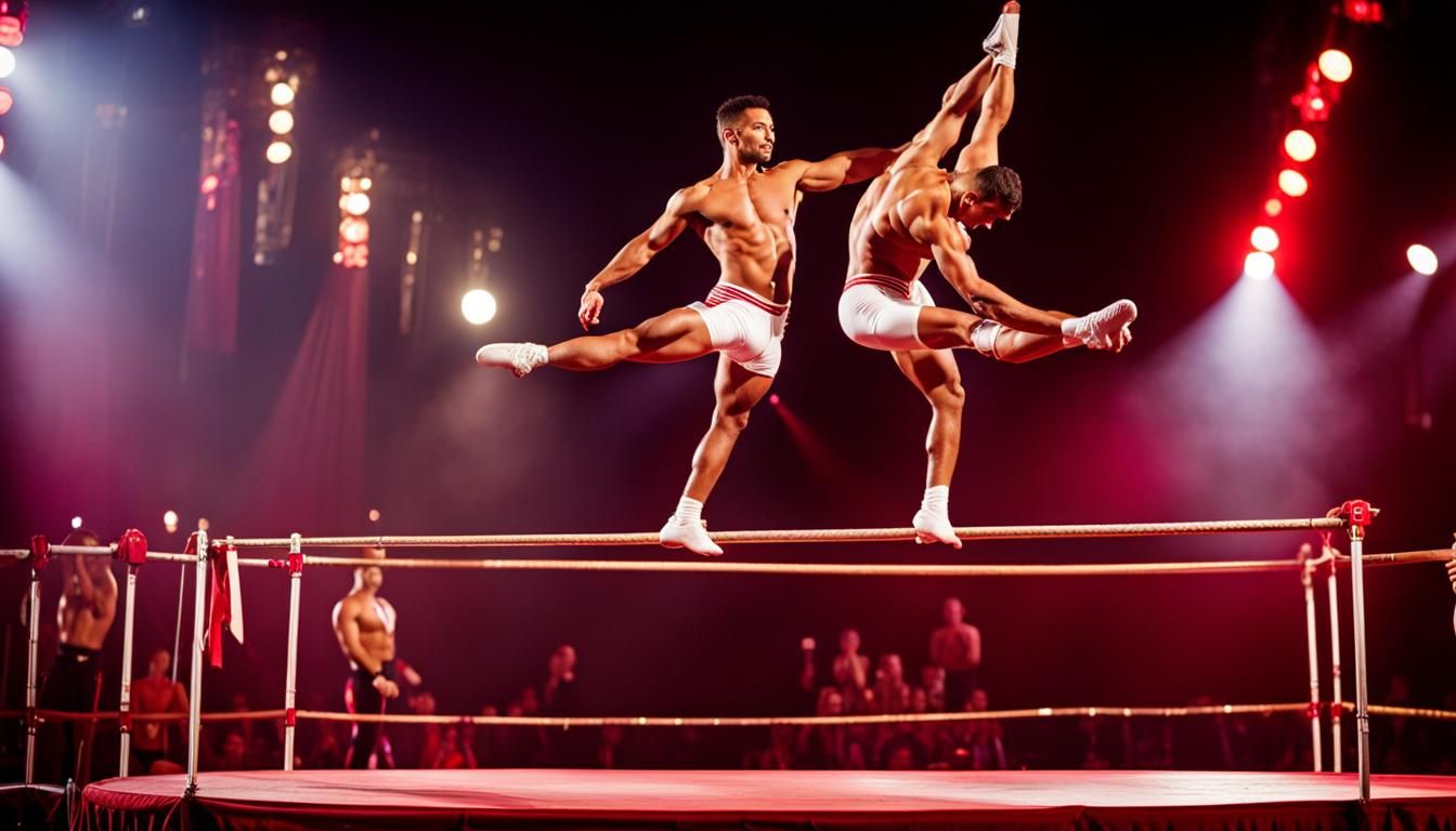 Circus Gymnasts Balancing in a Tent