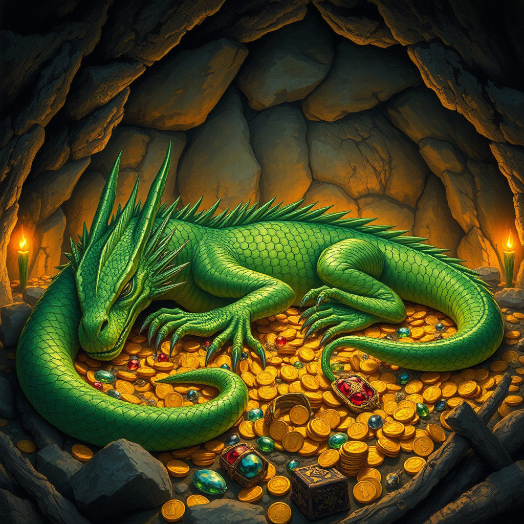 Green Dragon Sleeping on Treasure Hoard