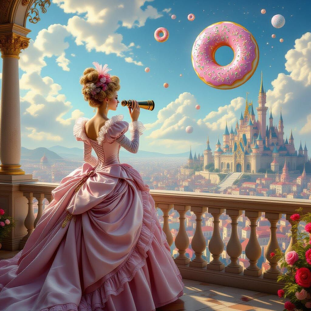 Noblewoman Gazes at Donut Planet in Fantastical City