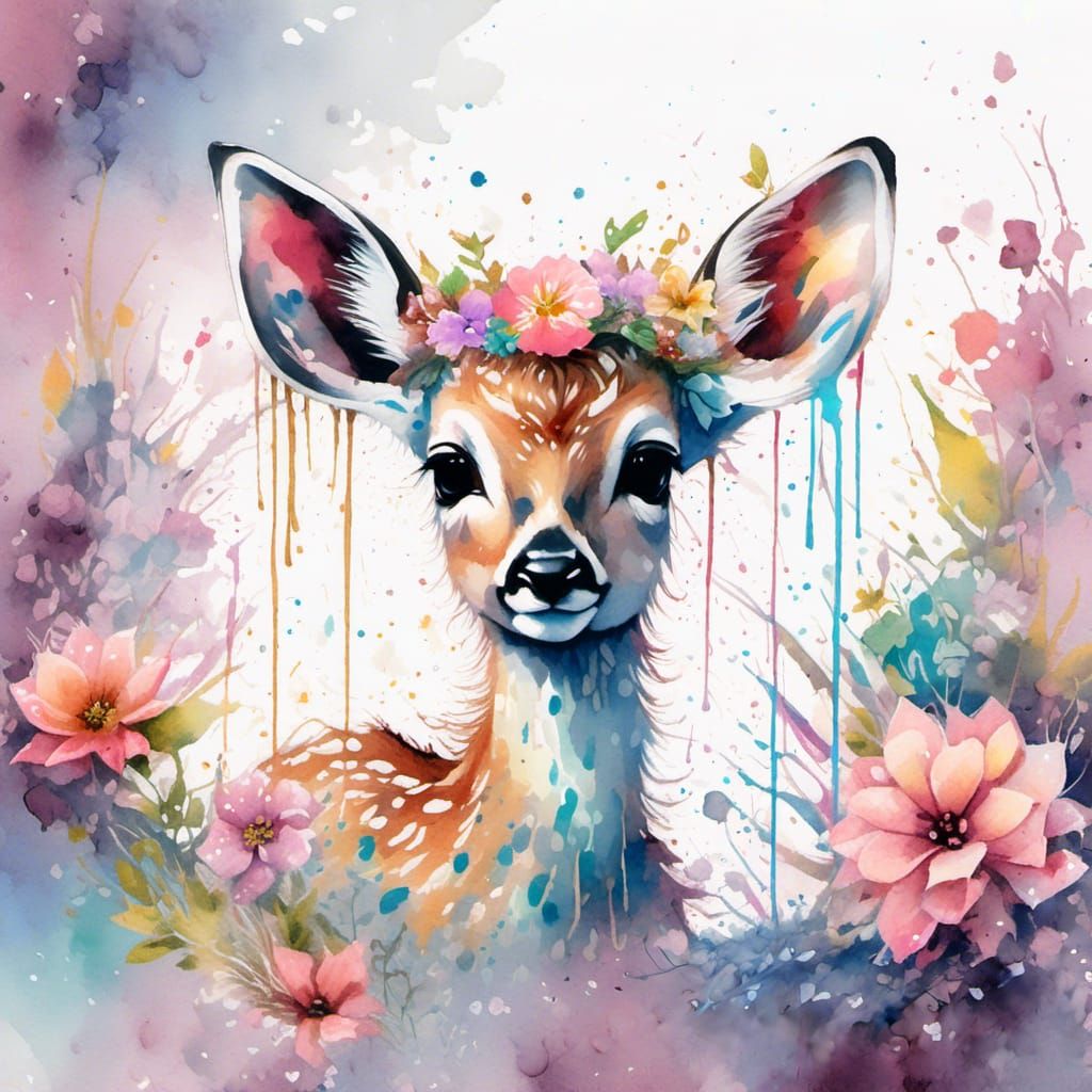 Pastel Fawn in Watercolor Flower Garden