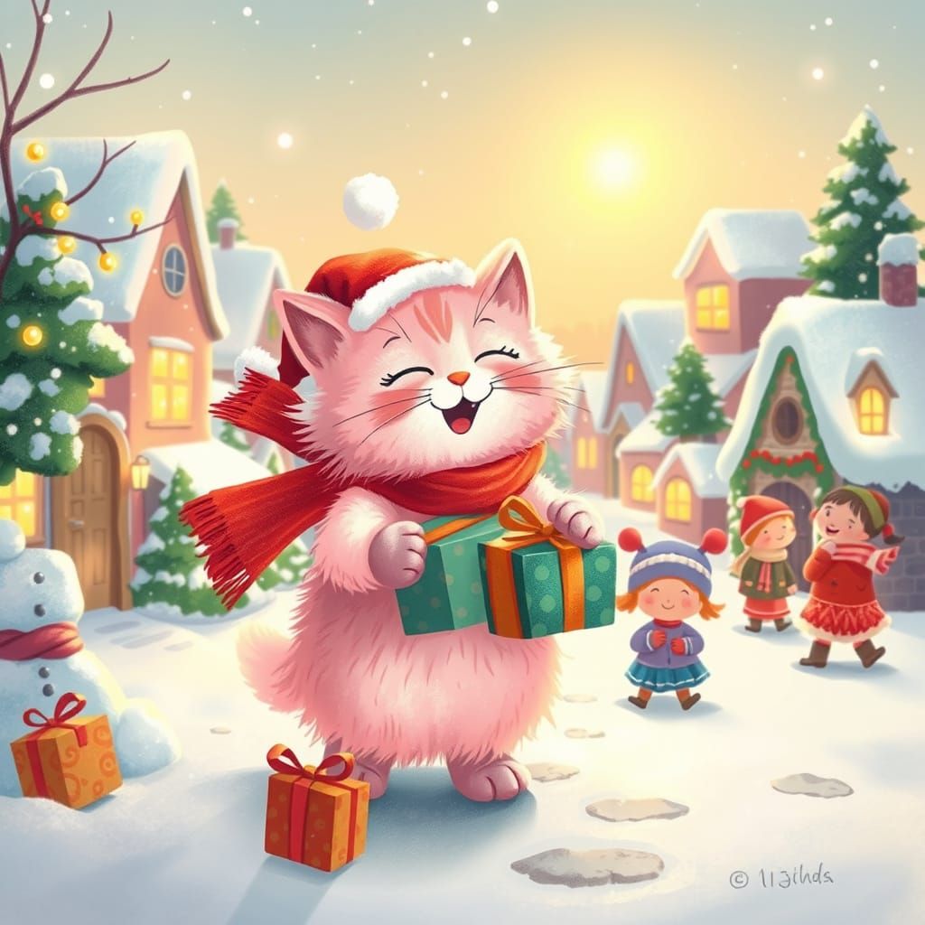 Pink Cat Distributes Christmas Gifts in Storybook Village