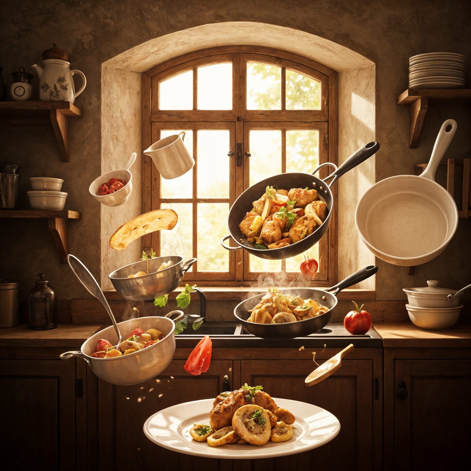 Magical Floating Kitchen Items Cook Meal in Rustic Cottage