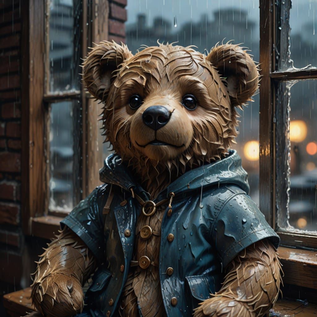 Sorrowful Teddy Bear Gazing Out at Rainy Golden Hour