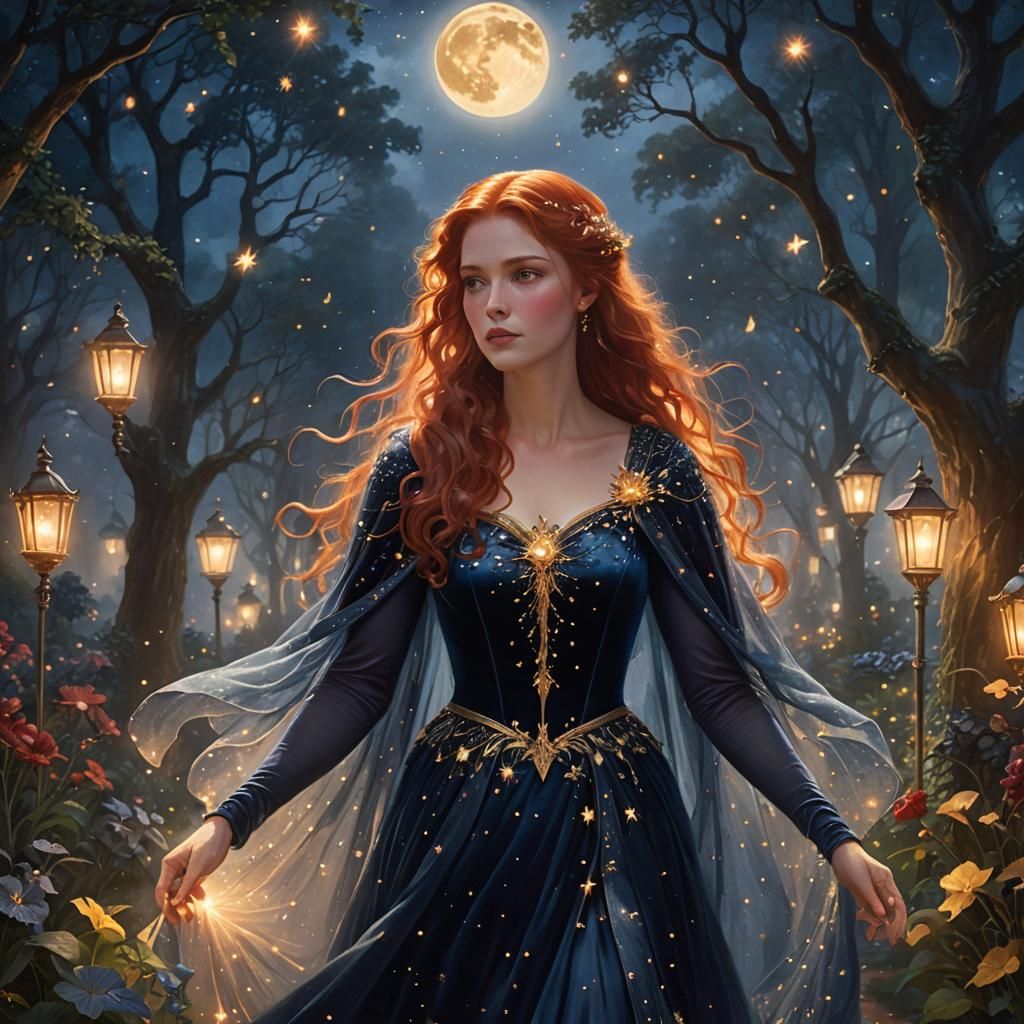 Ethereal Woman in Moonlit Garden, Magical Realism