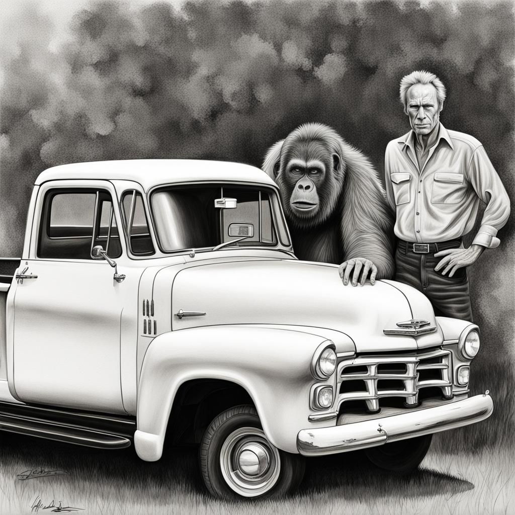 Clint Eastwood and Orangutan with 1955 Chevy Truck