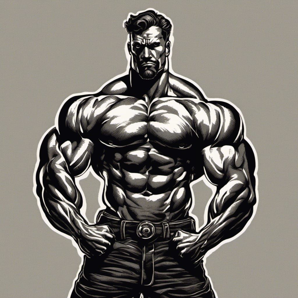 Strong Man with Muscles: Bold Outline Drawing