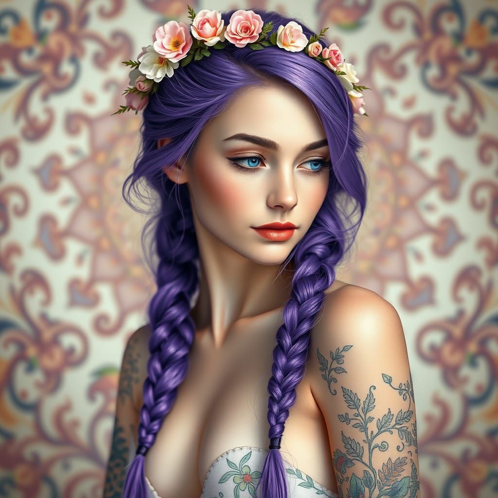 Serene Ethereal Beauty in Purple Hair and Floral Crown
