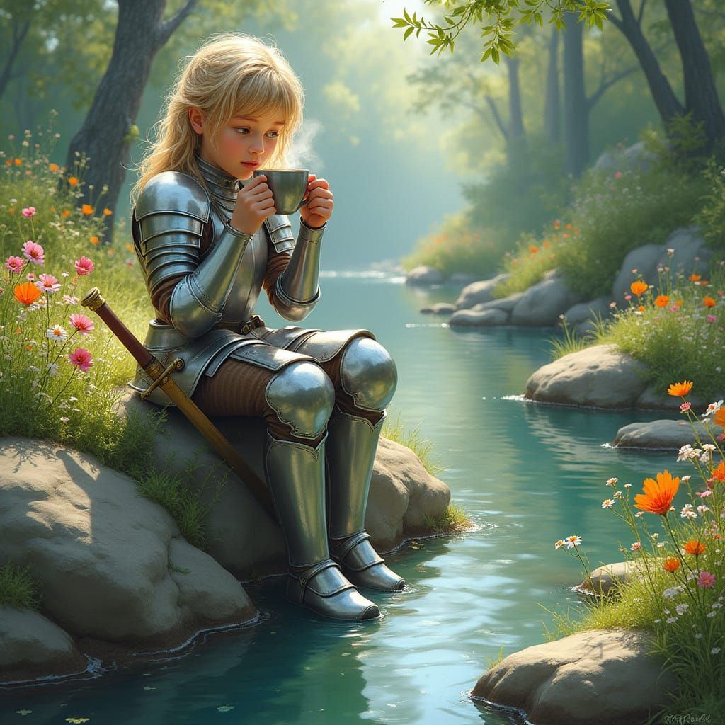 Silver Knight Girl Sips Coffee by Creek