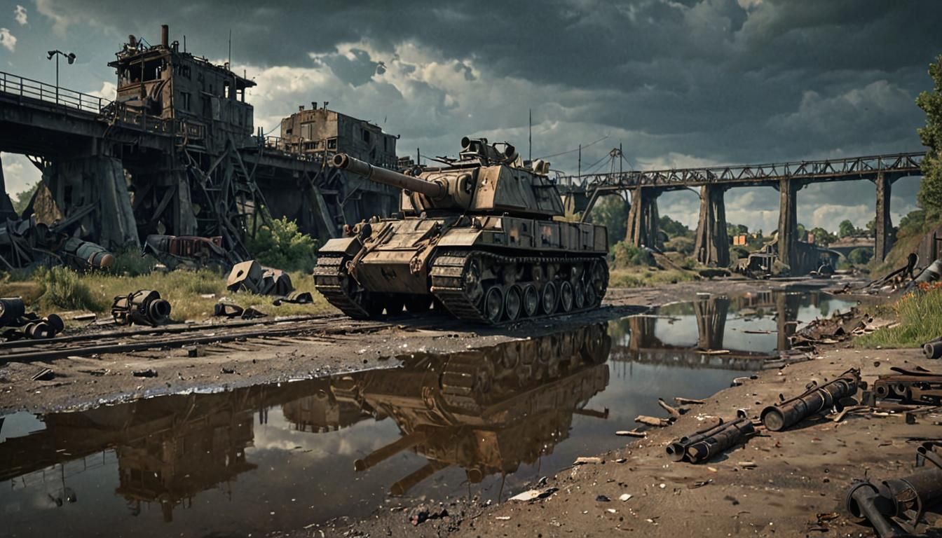 Dieselpunk Artillery Gun on Ruined Bridge