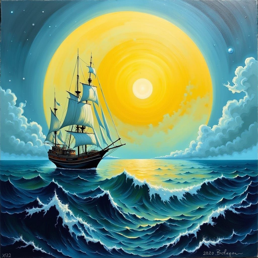 close up galleon ship ethereal giant yellow super moon with a yellow halo