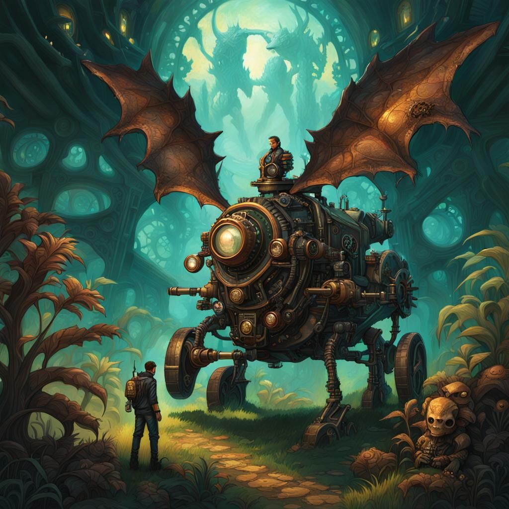 Steampunk Monster Hunter on Alien Planet in Oil Painting Sty...