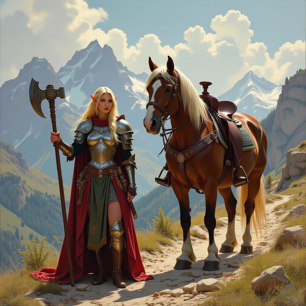 Elf Warrior with Warhammer and Clydesdale Horse