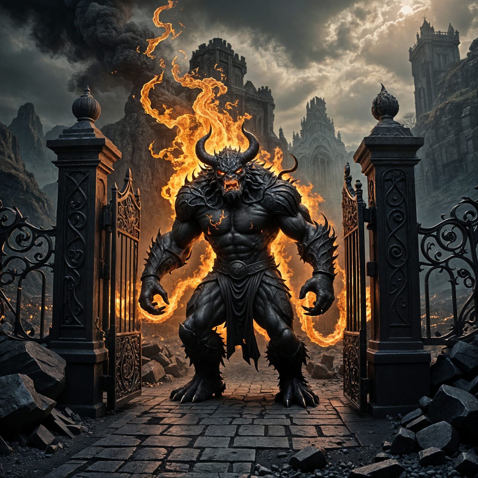 Flaming Balrog Guards Gates in Ashy Landscape