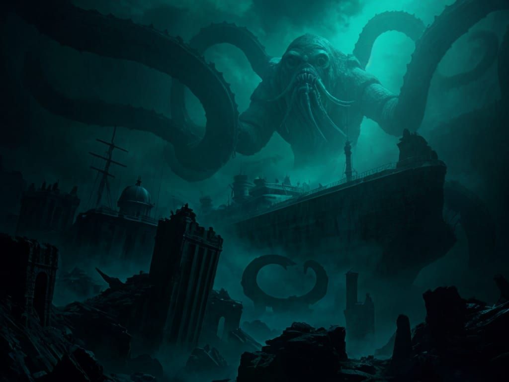 Eerie Underwater City with Cthulhu in the Depths