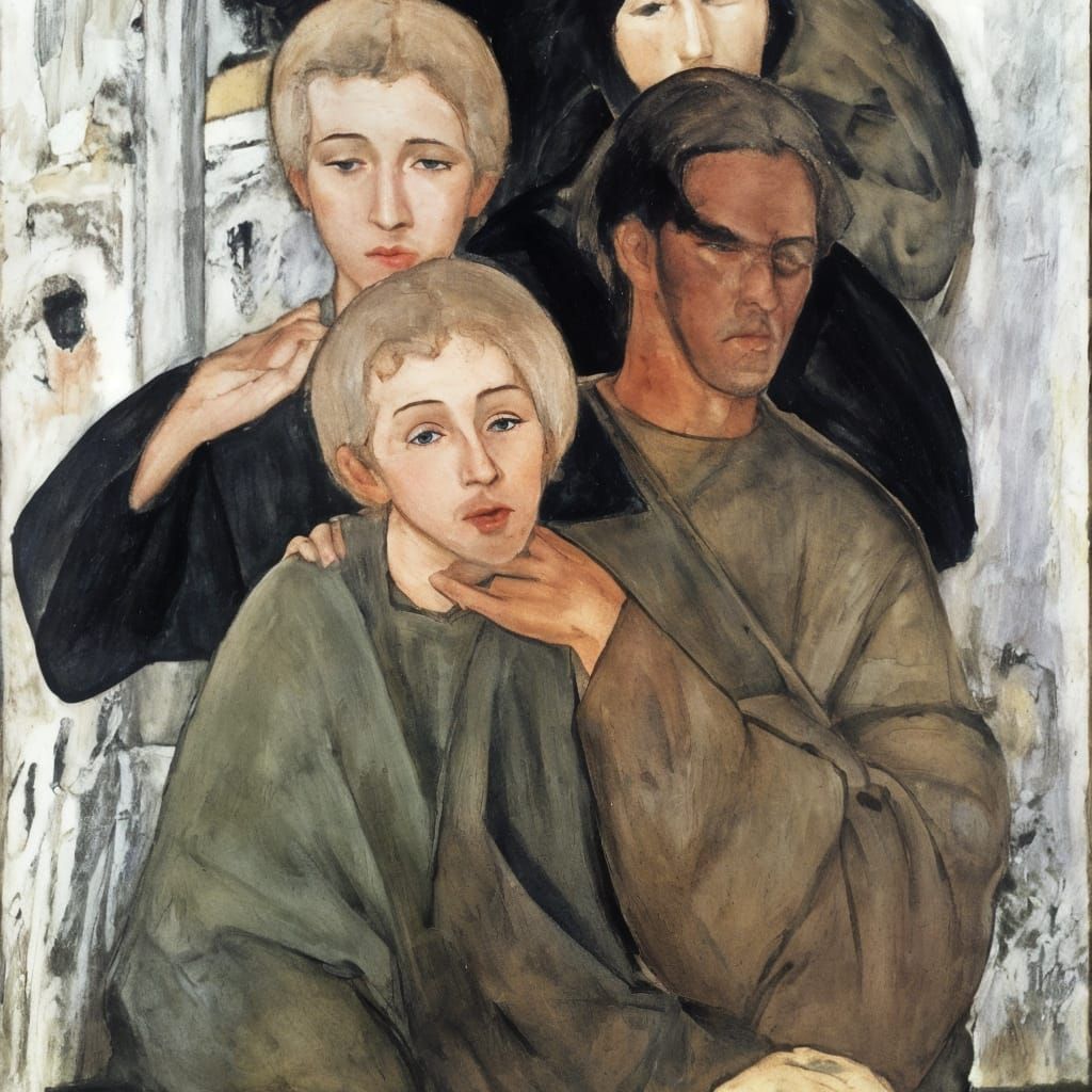 Biblical Scene of Mockery in Rublev & Modigliani Style