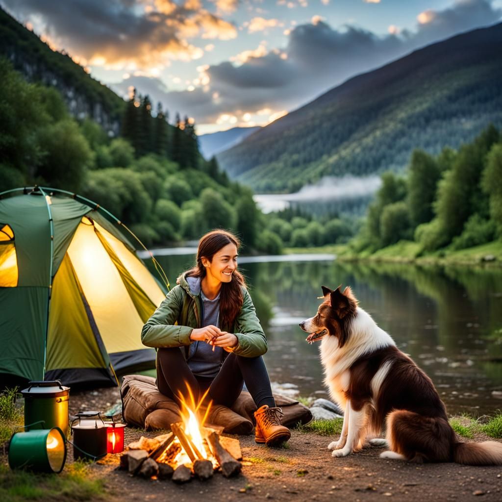 Woman and Border Collie Camping by River