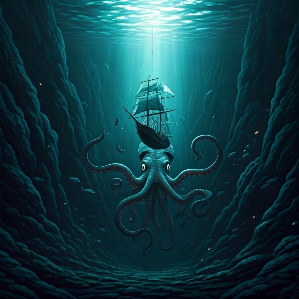 Colossal Squid and Ship in Ocean Depths