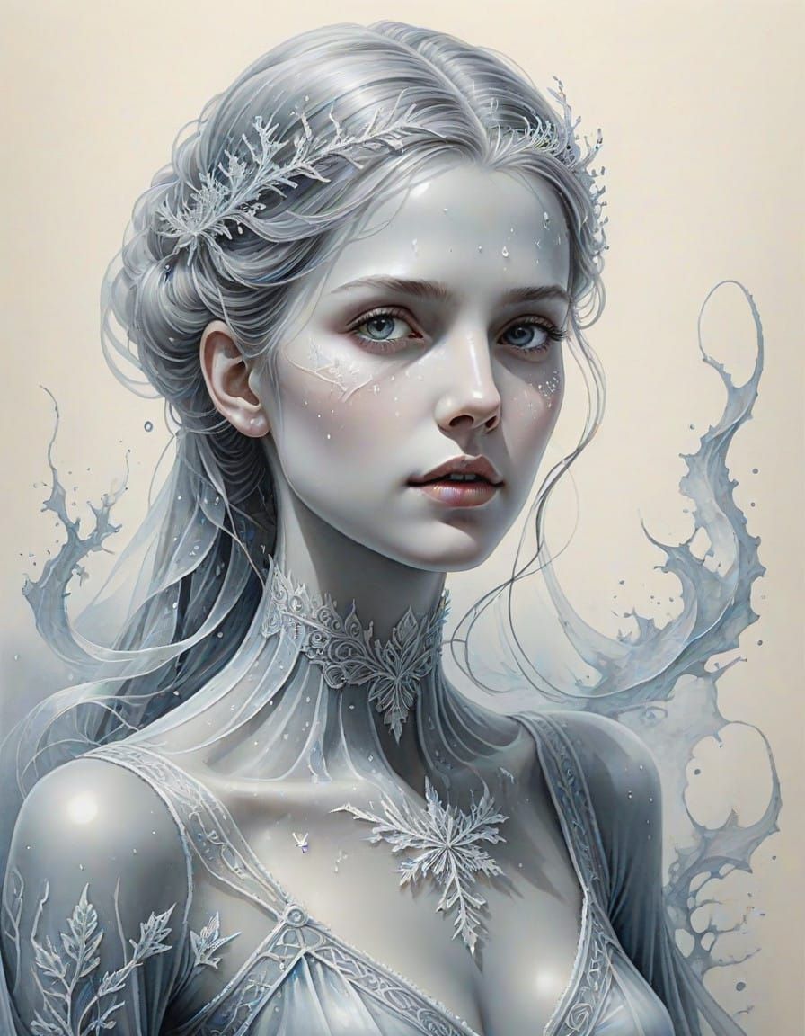 Ethereal Woman in Frosty Atmosphere with Fractal Patterns