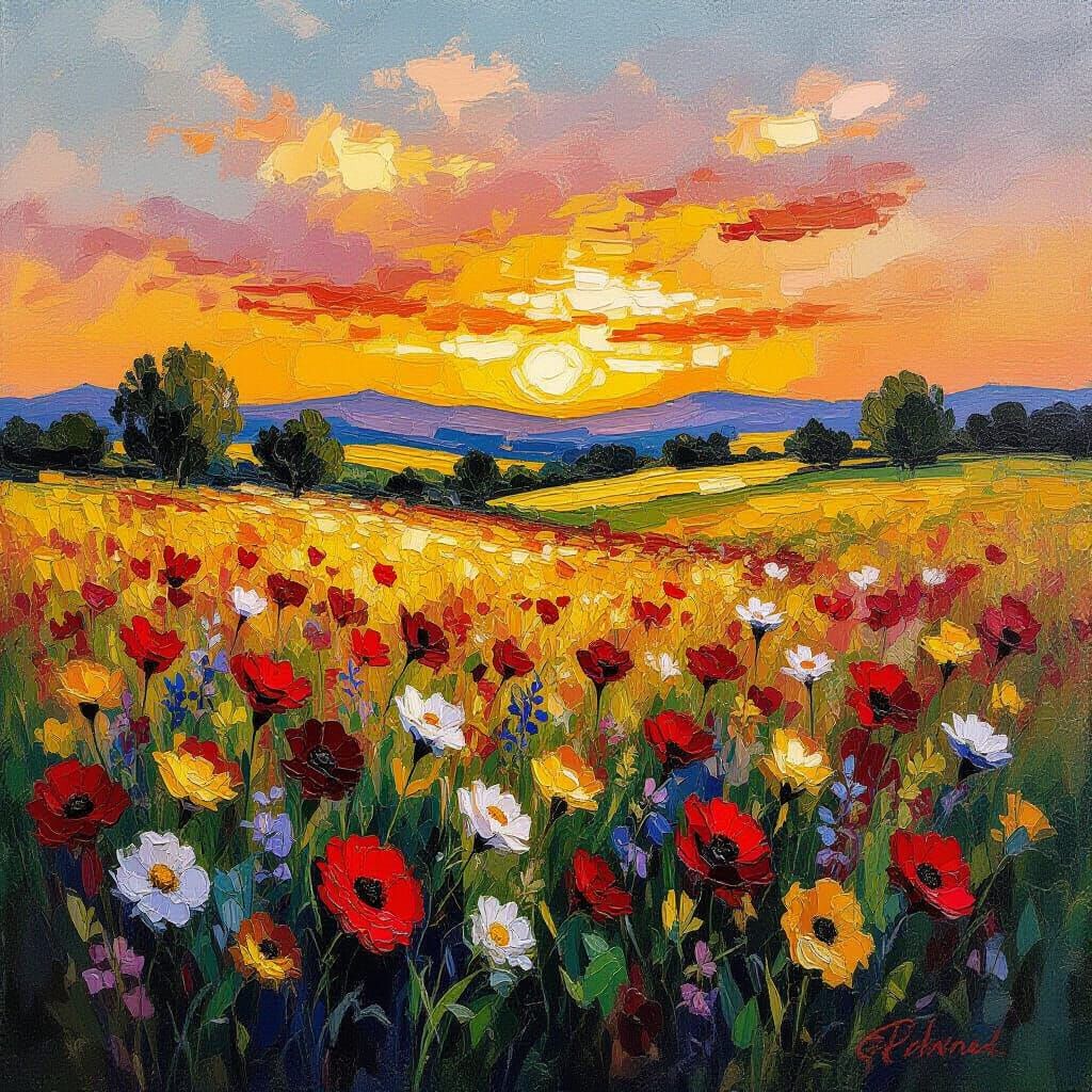 Wildflower Field at Sunset in Neo-Impressionist Style