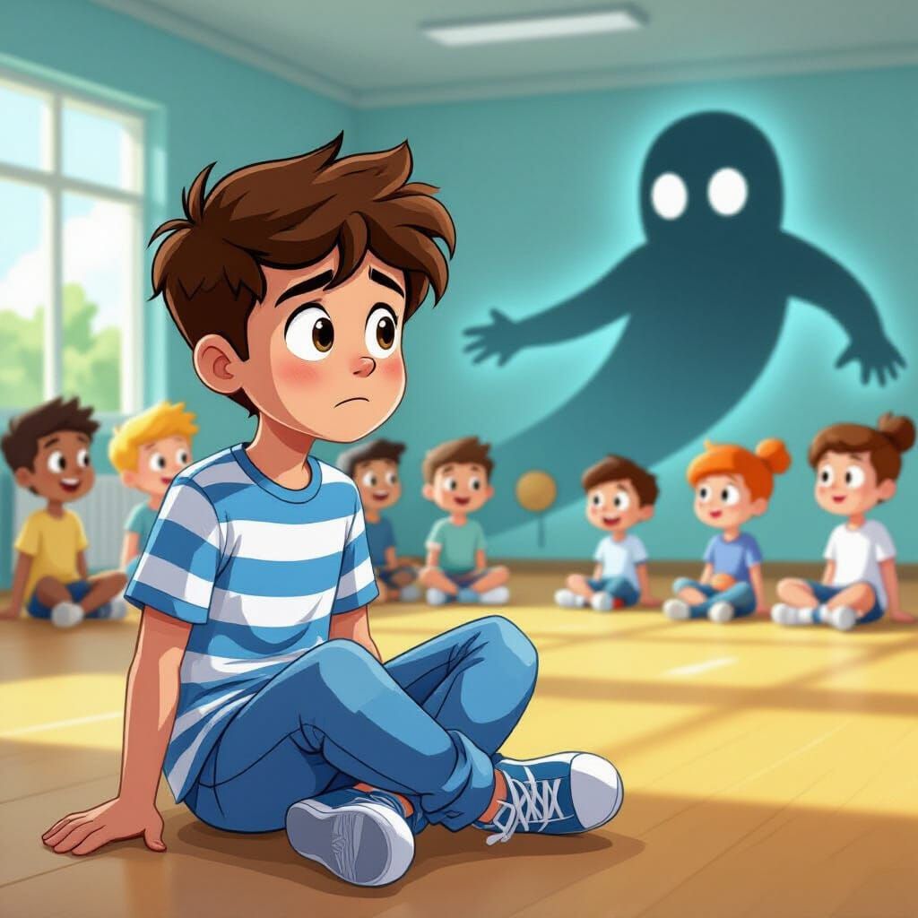 Worried Cartoon Boy in Gym Class with Shadow