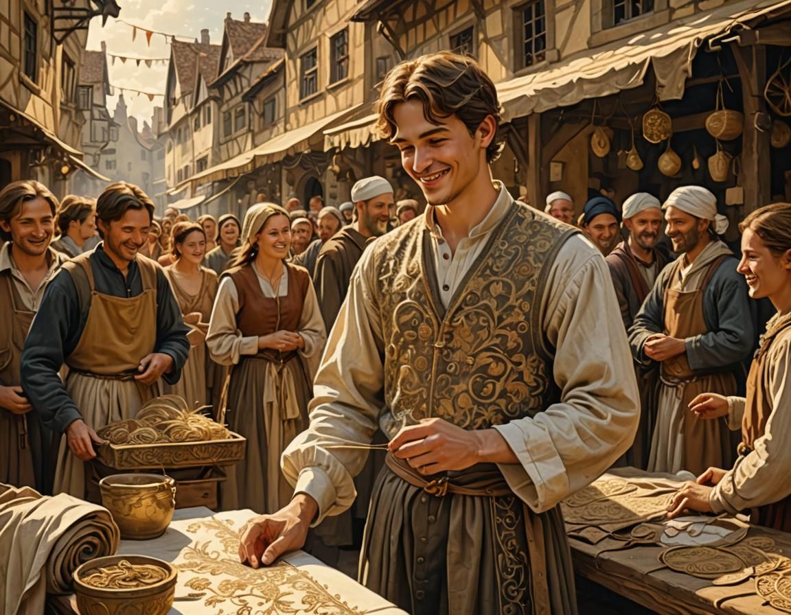 Young Tailor's Triumph in Whimsical Marketplace Scene