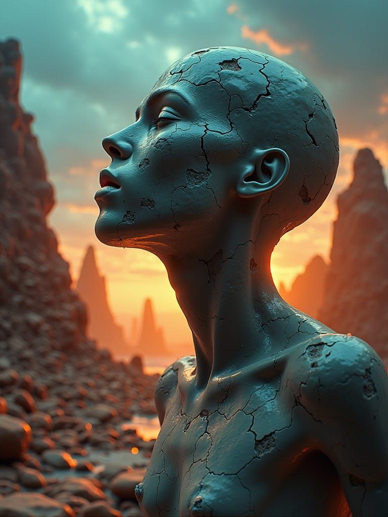 Distorted Figure in Surreal Dreamscape, as Digital Art