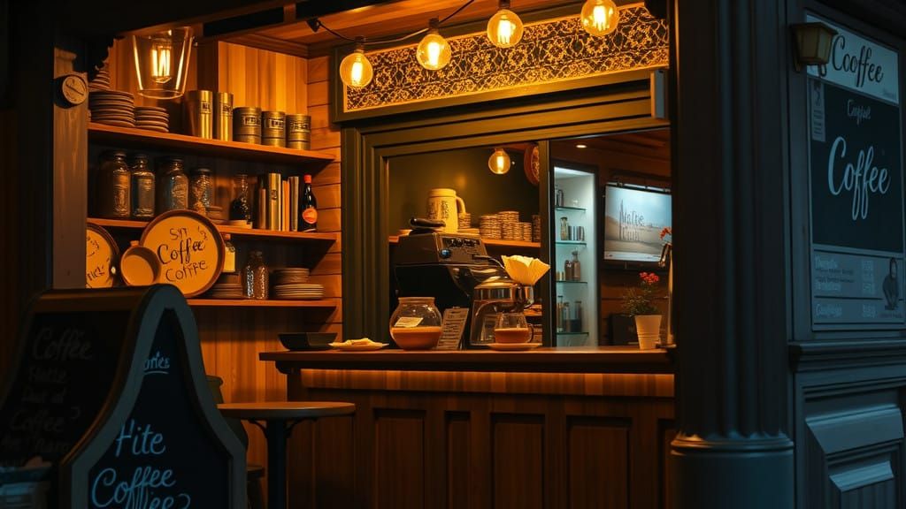 Cozy Coffee Shop Scene with Warm Lighting and HDR Details