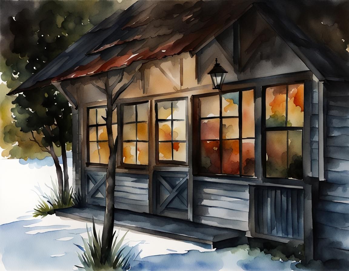 Watercolor Farmhouse Landscape Painting