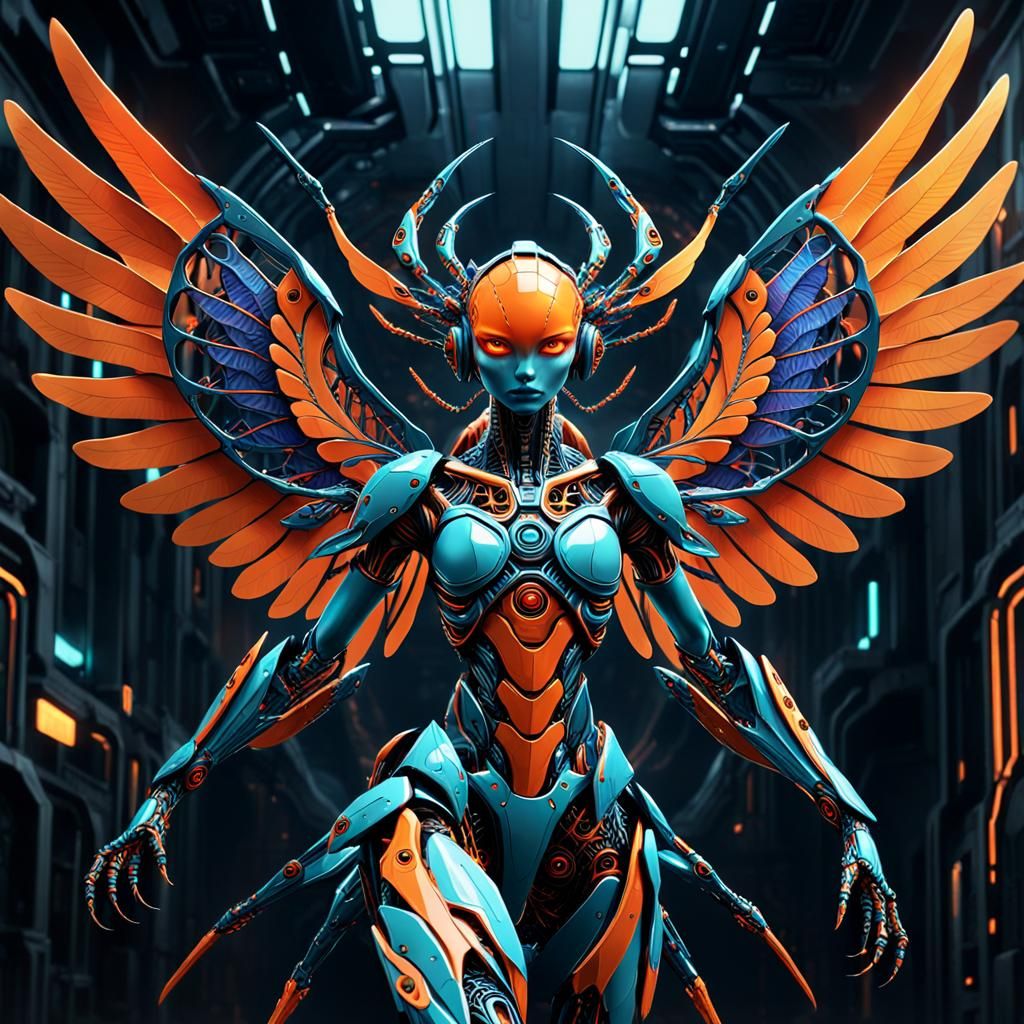 Colorful Winged Cybernetic Creature in Sci-Fi Setting