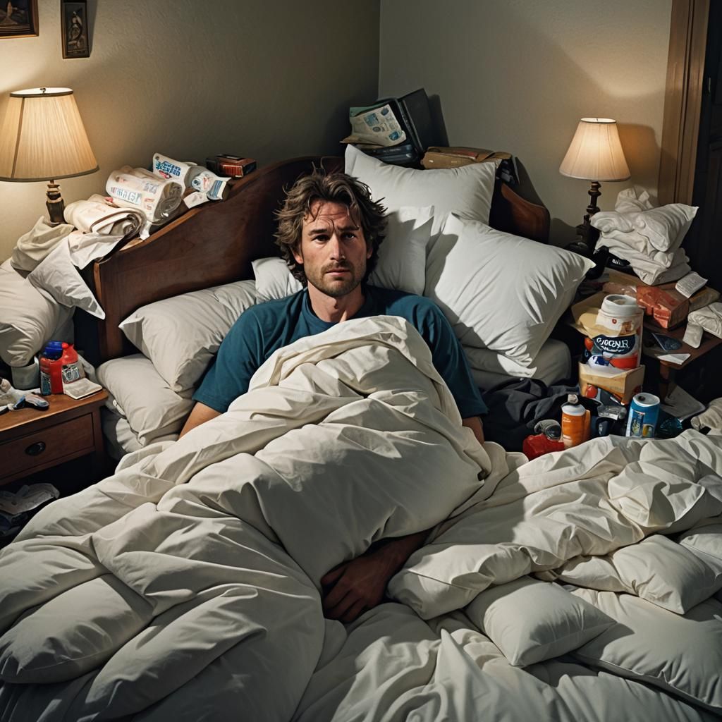 Man Sick in Bed with Art Deco Influences