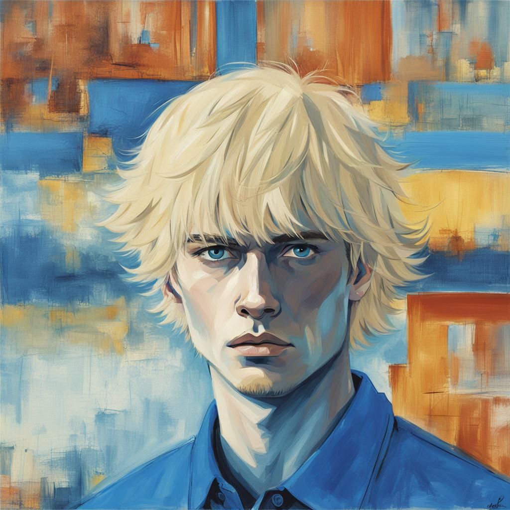 Blonde Man with Blue Eyes in Blue Polo Shirt