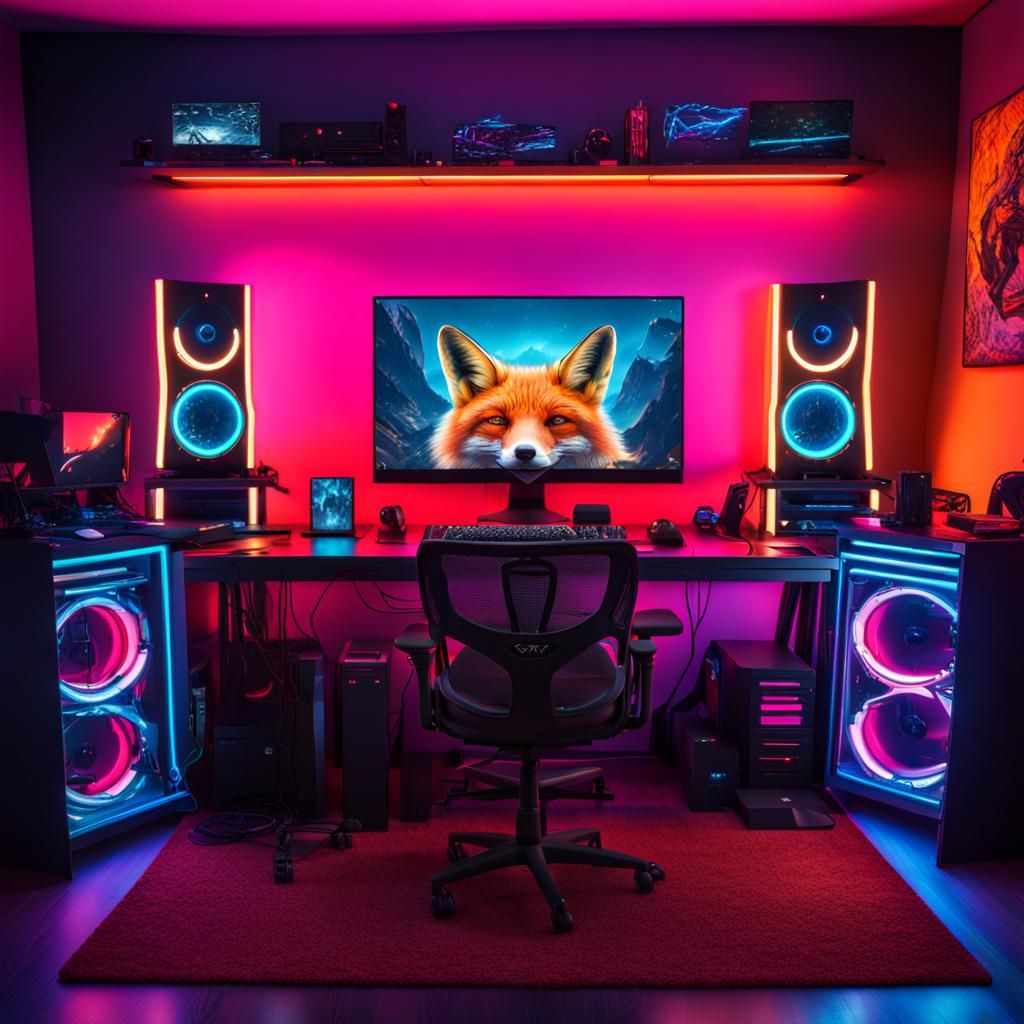 Fox's Neon Gaming Setup in Hyperrealistic Style
