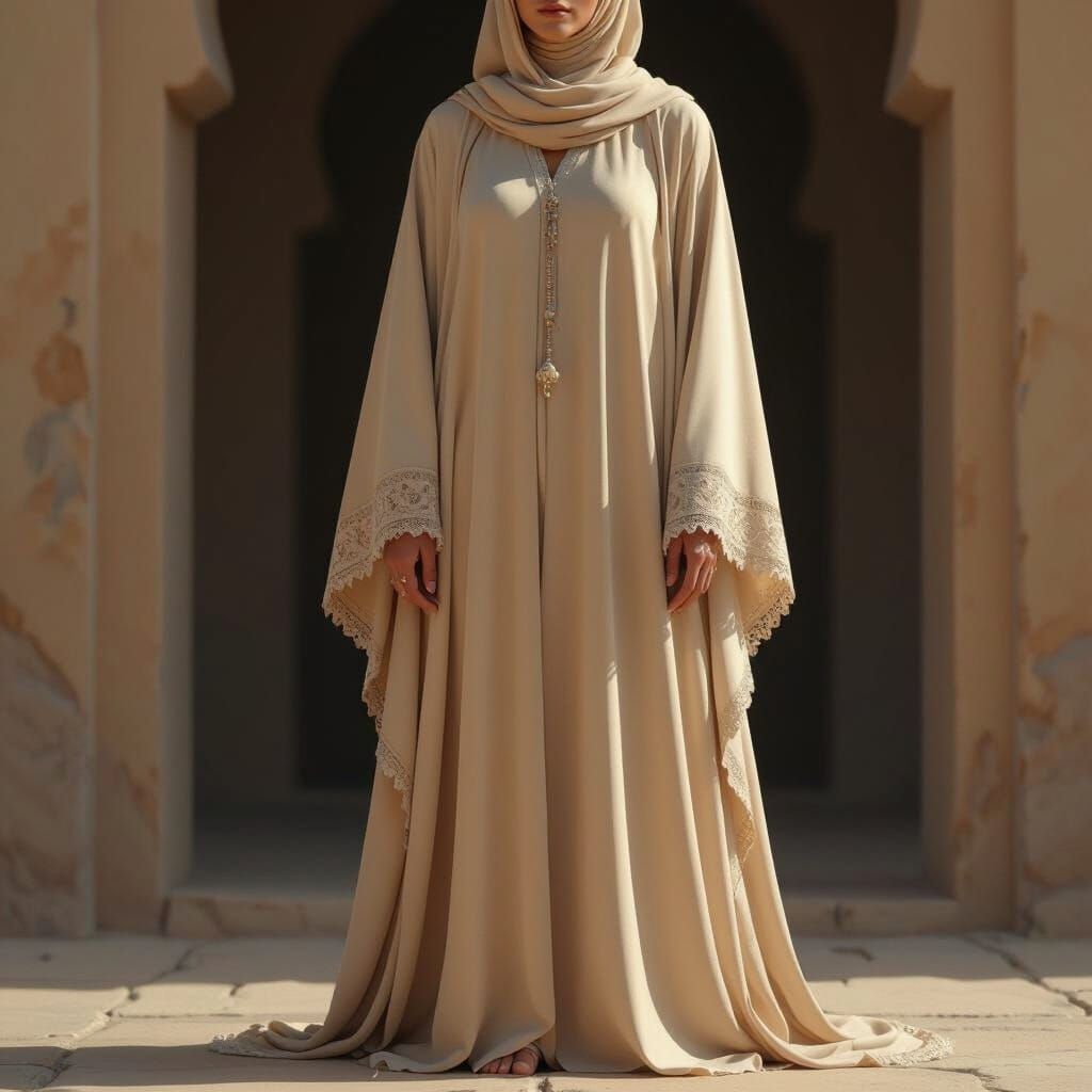 Woman in Beige Abaya in Fantasy Landscape