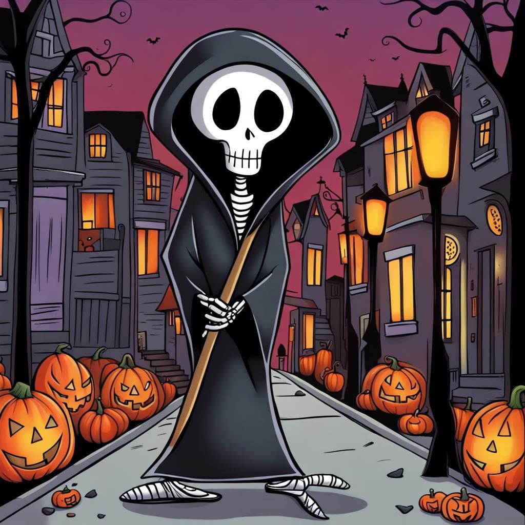 Grim Reaper in Burton Halloween Street, Gerard-Loish Style