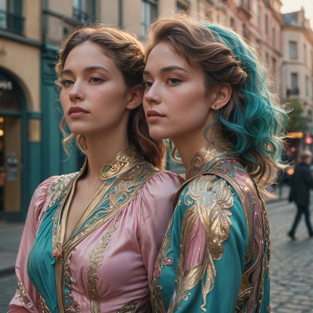 Art Nouveau Portrait of Two Women Walking