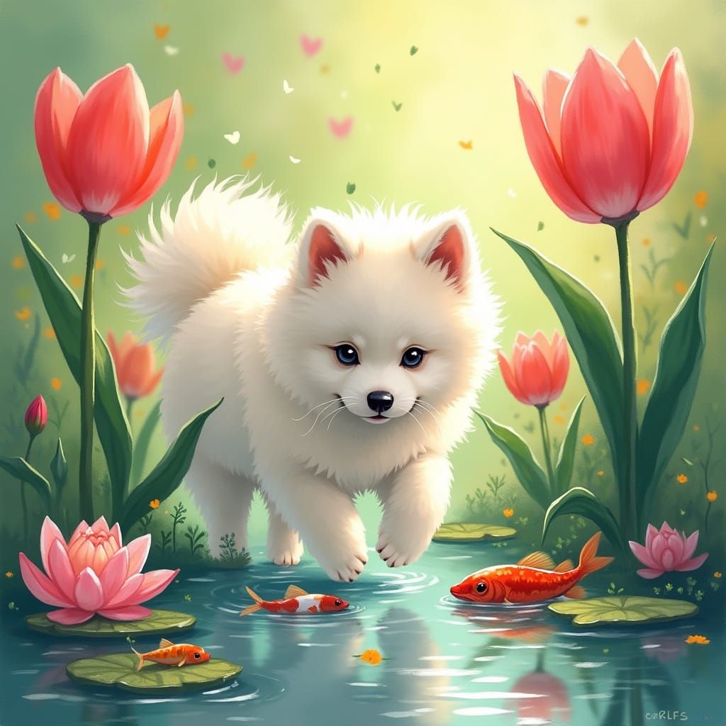 Samoyed Puppy in Luminous Tulip Garden Watercolor