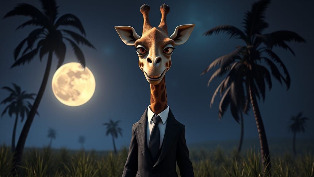 Evil Giraffe in Suit, Sinister Smile, Eerie Moonlight