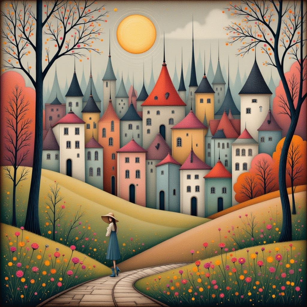 Romantic Village in Klimt Style with Art Deco