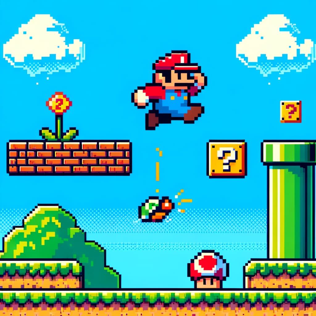 Retro-Style Pixel Art Scene of Jumping Plumber